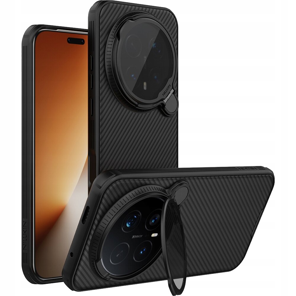 Czarne etui na telefon z teksturą, posiadające ochronę aparatu i logo \'Nillkin\'.