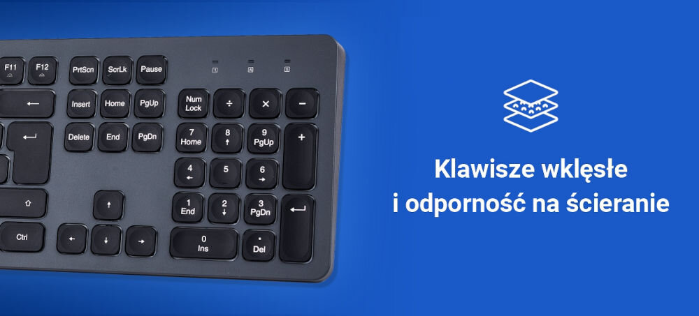 Na niebieskim tle widoczna jest część klawiatury z klawiszami numerycznymi oraz tekst: \'Klawisze wklęsłe i odporność na ścieranie\'.