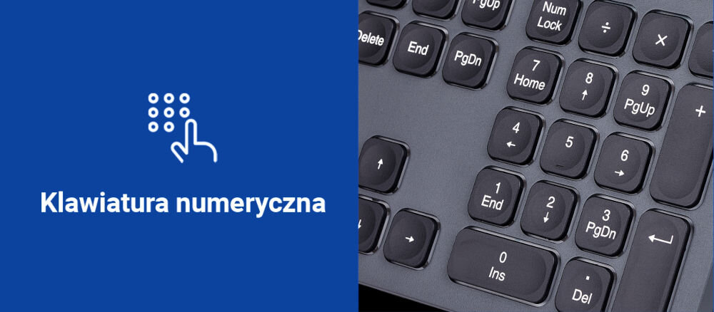 Po lewej stronie znajduje się niebieska ikona z symbolem klawiatury numerycznej i napisem \'Klawiatura numeryczna\'. Po prawej stronie widoczna jest część klawiatury z klawiszami numerycznymi i funkcyjnymi.