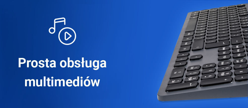 Na niebieskim tle widoczna jest część klawiatury oraz ikona nuty z przyciskiem odtwarzania. Obok znajduje się tekst: \'Prosta obsługa multimediów\'.