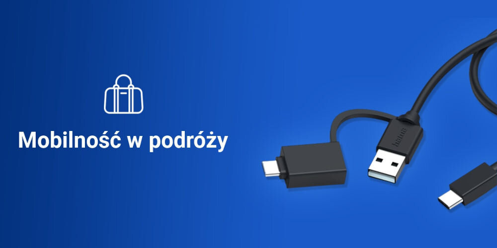 Na niebieskim tle widoczny jest biały symbol walizki oraz napis \'Mobilność w podróży\'. Obok znajdują się czarne kable USB z różnymi końcówkami.