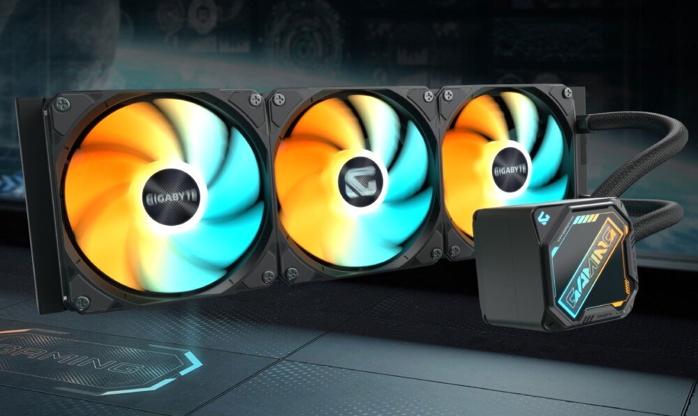 Na obrazie widoczne są trzy wentylatory z podświetleniem RGB oraz element z napisem \'GAMING\'. Na wentylatorach znajduje się logo \'GIGABYTE\'.