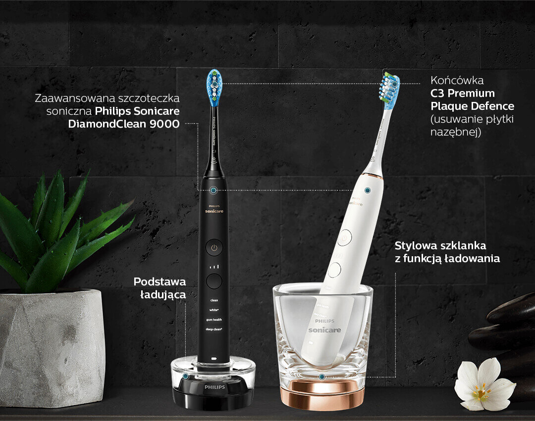 Obraz przedstawia dwie szczoteczki soniczne Philips Sonicare DiamondClean 9000, jedną czarną na podstawie ładującej i drugą białą w szklance z funkcją ładowania. Widoczny jest tekst: \'Zaawansowana szczoteczka soniczna Philips Sonicare DiamondClean 9000\', \'Podstawa ładująca\', \'Końcówka C3 Premium Plaque Defence (usuwanie płytki nazębnej)\', \'Stylowa szklanka z funkcją ładowania\'.