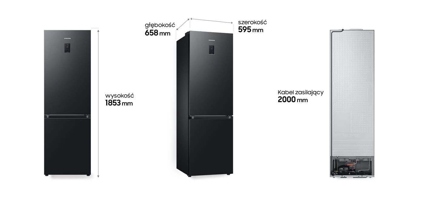 Obraz przedstawia czarną lodówkę z połyskiem, z widocznymi wymiarami: wysokość 1853 mm, głębokość 658 mm, szerokość 595 mm. Obok znajduje się widok tylnej części lodówki z opisem \'Kabel zasilający 2000 mm\'.