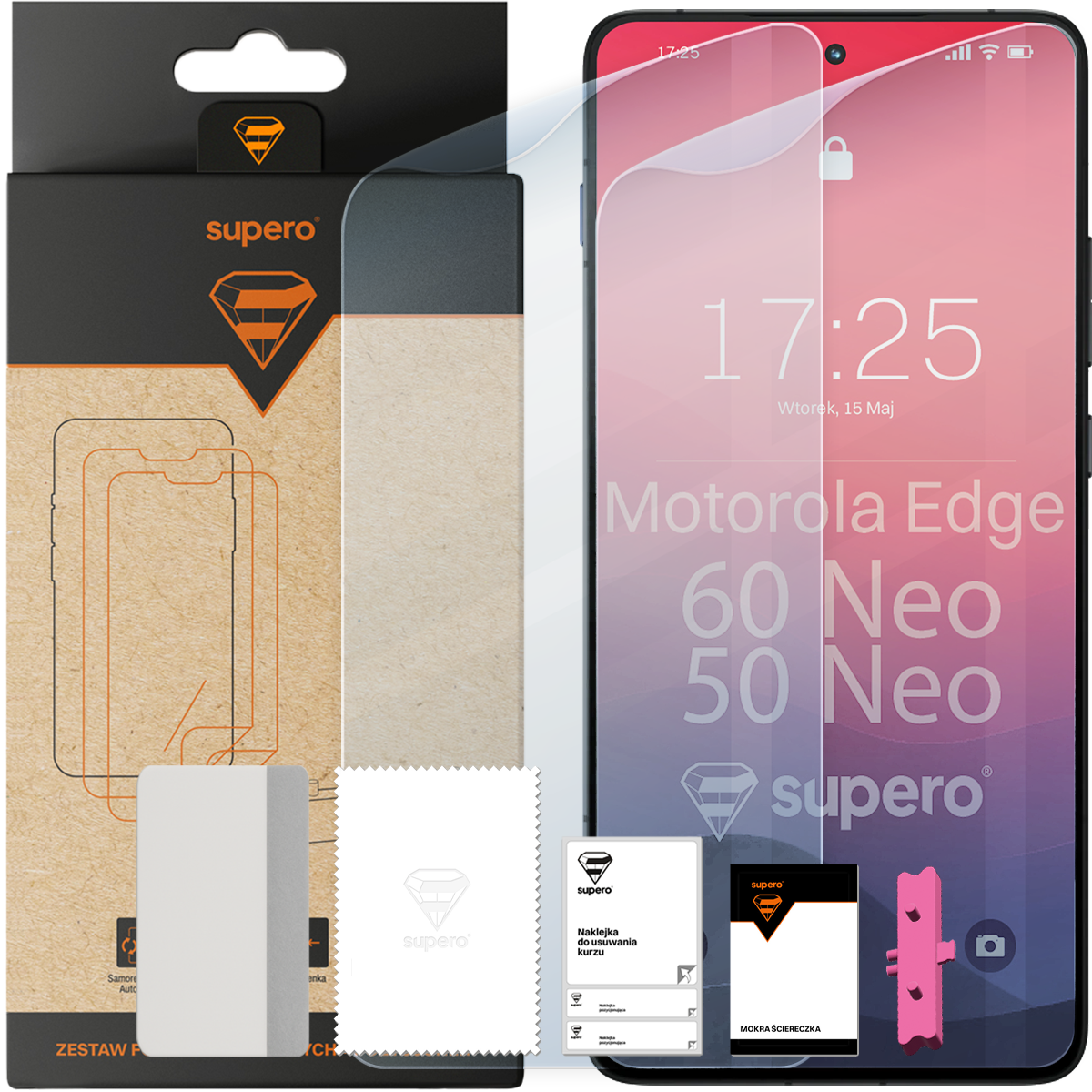 Na obrazie widoczna jest folia hydrożelowa do telefonu Motorola Edge 50 Neo / Edge 60 Neo z aplikatorem, ściereczką i naklejką na kurz. Opakowanie i akcesoria mają logo \'supero\'.
