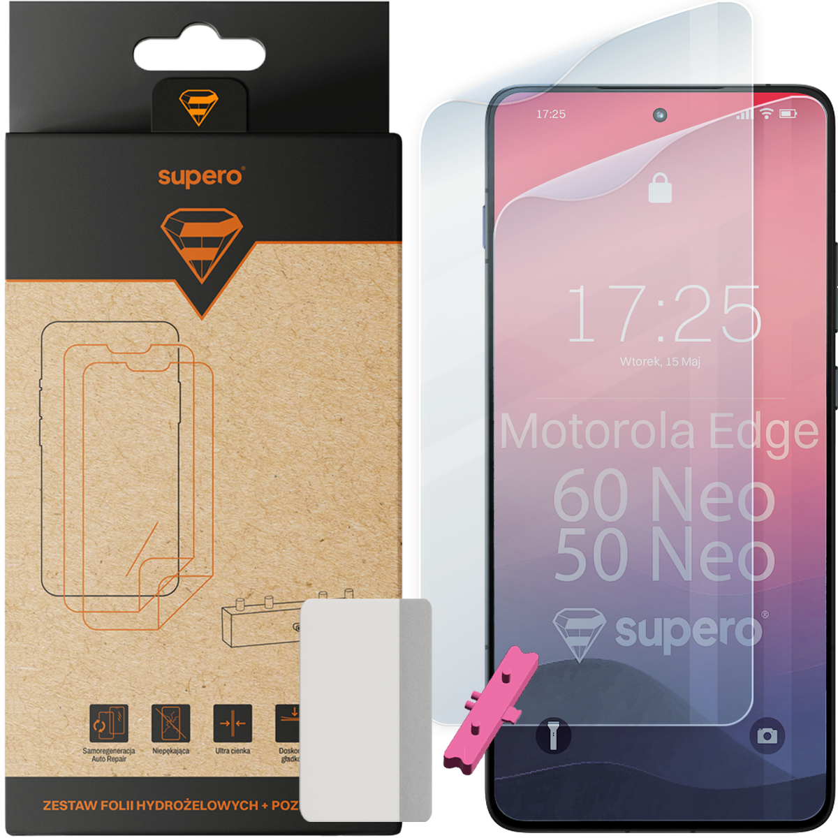 Na obrazie widoczna jest folia hydrożelowa na ekran telefonu z aplikatorem oraz opakowanie z logo \'supero\'. Na ekranie telefonu widoczny jest tekst: \'17:25, Wtorek, 15 Maj, Motorola Edge, 60 Neo, 50 Neo\'.