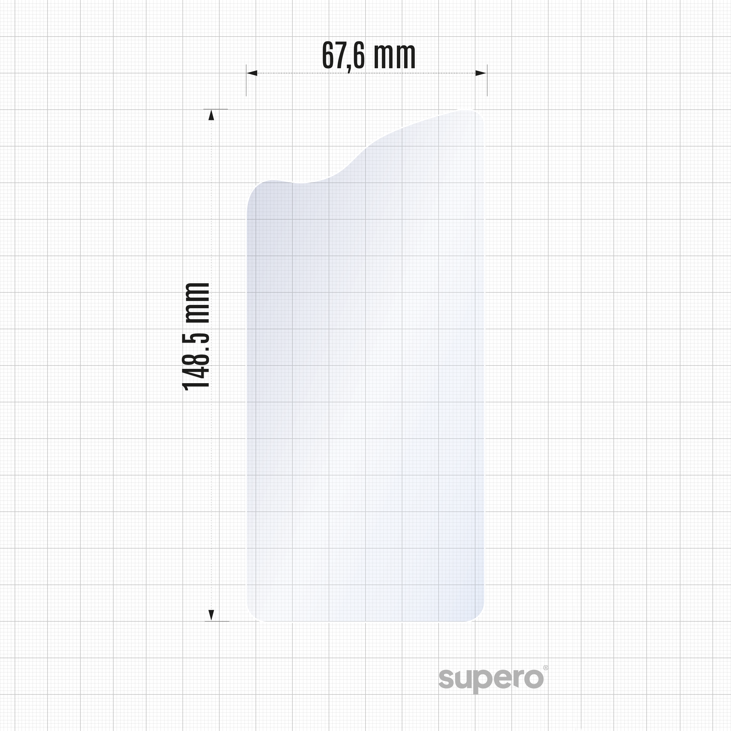 Obraz przedstawia przezroczystą folię o wymiarach 67,6 mm na 148,5 mm na tle siatki. W prawym dolnym rogu znajduje się logo \'supero\'.