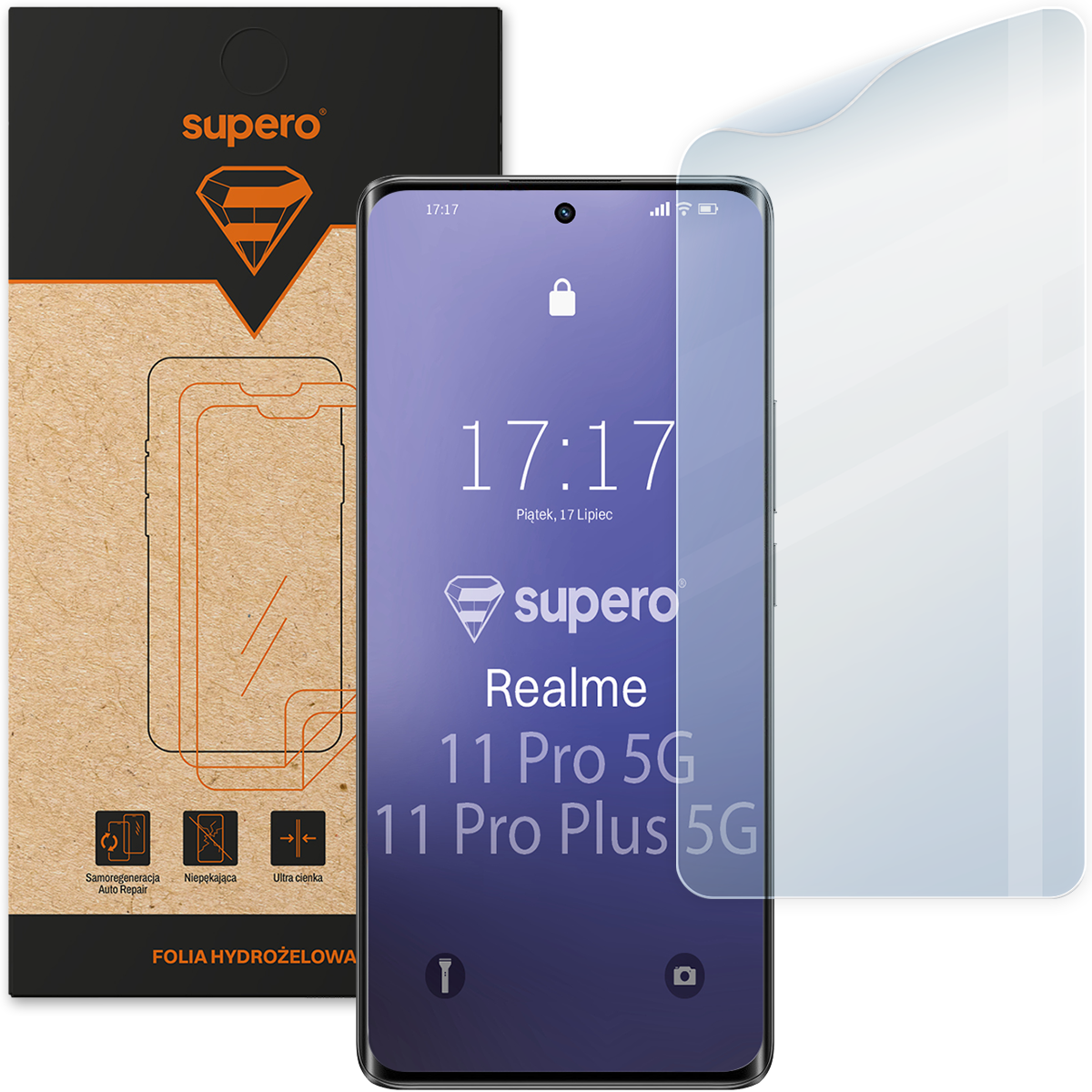 Na obrazie widoczna jest folia hydrożelowa Supero do telefonu Realme 11 Pro 5G/11 Pro Plus 5G, obok opakowania z logo supero. Na ekranie telefonu wyświetla się godzina 17:17, data Piątek, 17 Lipiec oraz tekst \'Realme 11 Pro 5G 11 Pro Plus 5G\'.