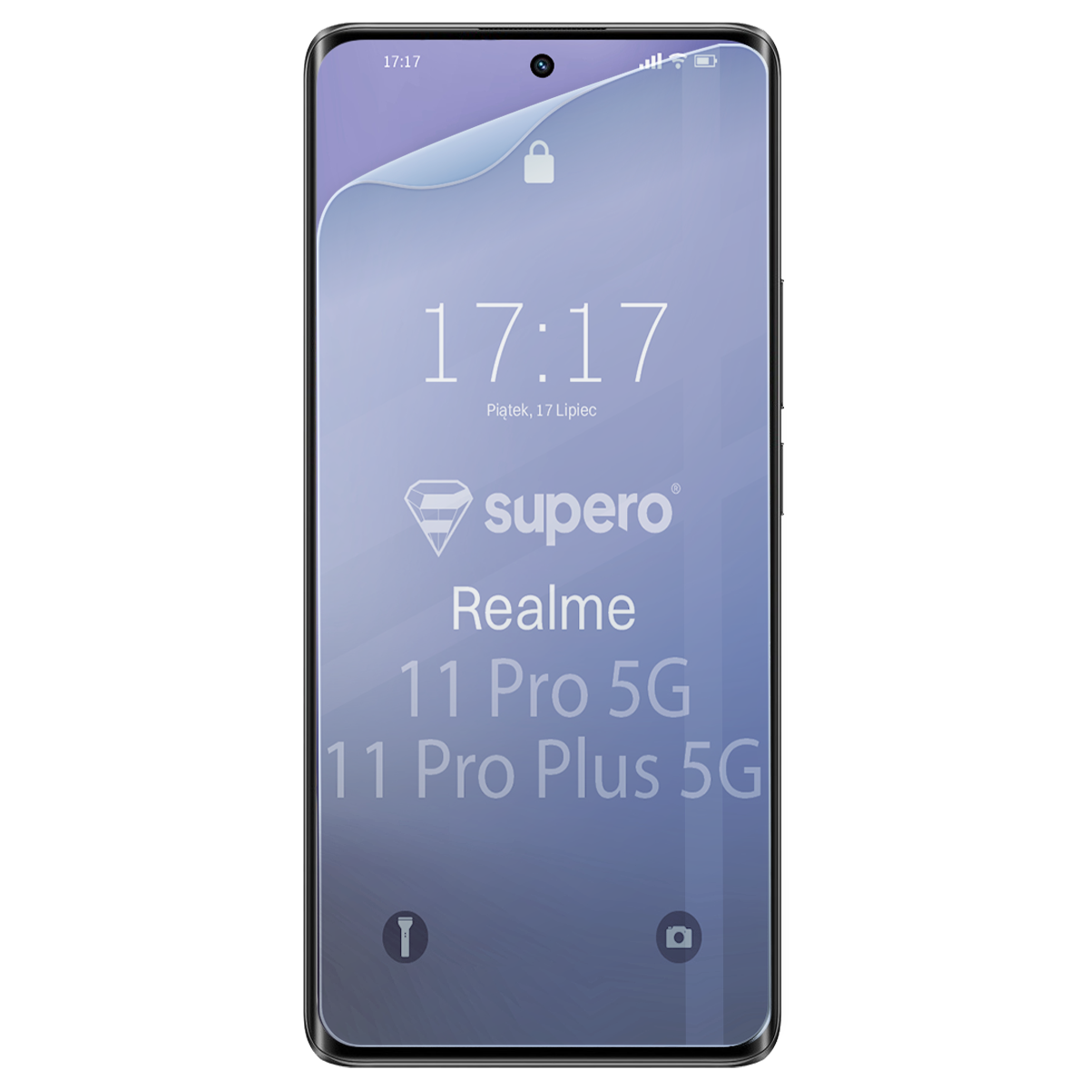 Na ekranie telefonu widoczna jest folia ochronna z logo \'supero\' oraz napisami \'Realme 11 Pro 5G\' i \'11 Pro Plus 5G\'. Ekran pokazuje godzinę 17:17 oraz datę Piątek, 17 Lipiec.