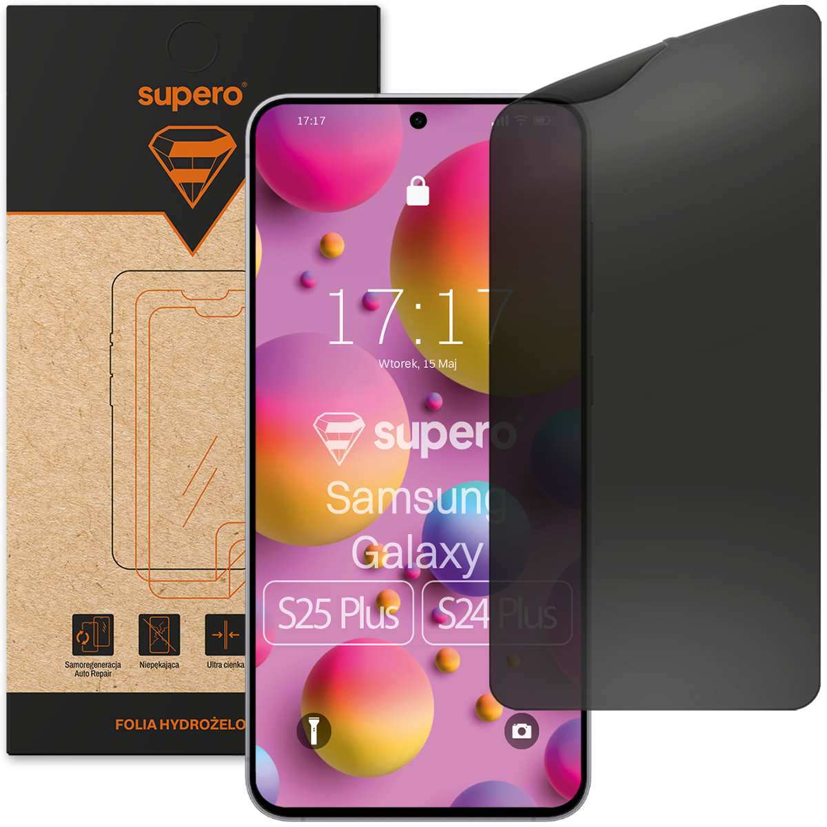Na obrazie widoczny jest telefon z kolorowym ekranem, na którym wyświetlany jest tekst: \'17:17 Wtorek, 15 Maj supero Samsung Galaxy S25 Plus S24 Plus\'. Obok telefonu znajduje się opakowanie z napisem \'supero\' i \'FOLIA HYDROŻELOWA\'.