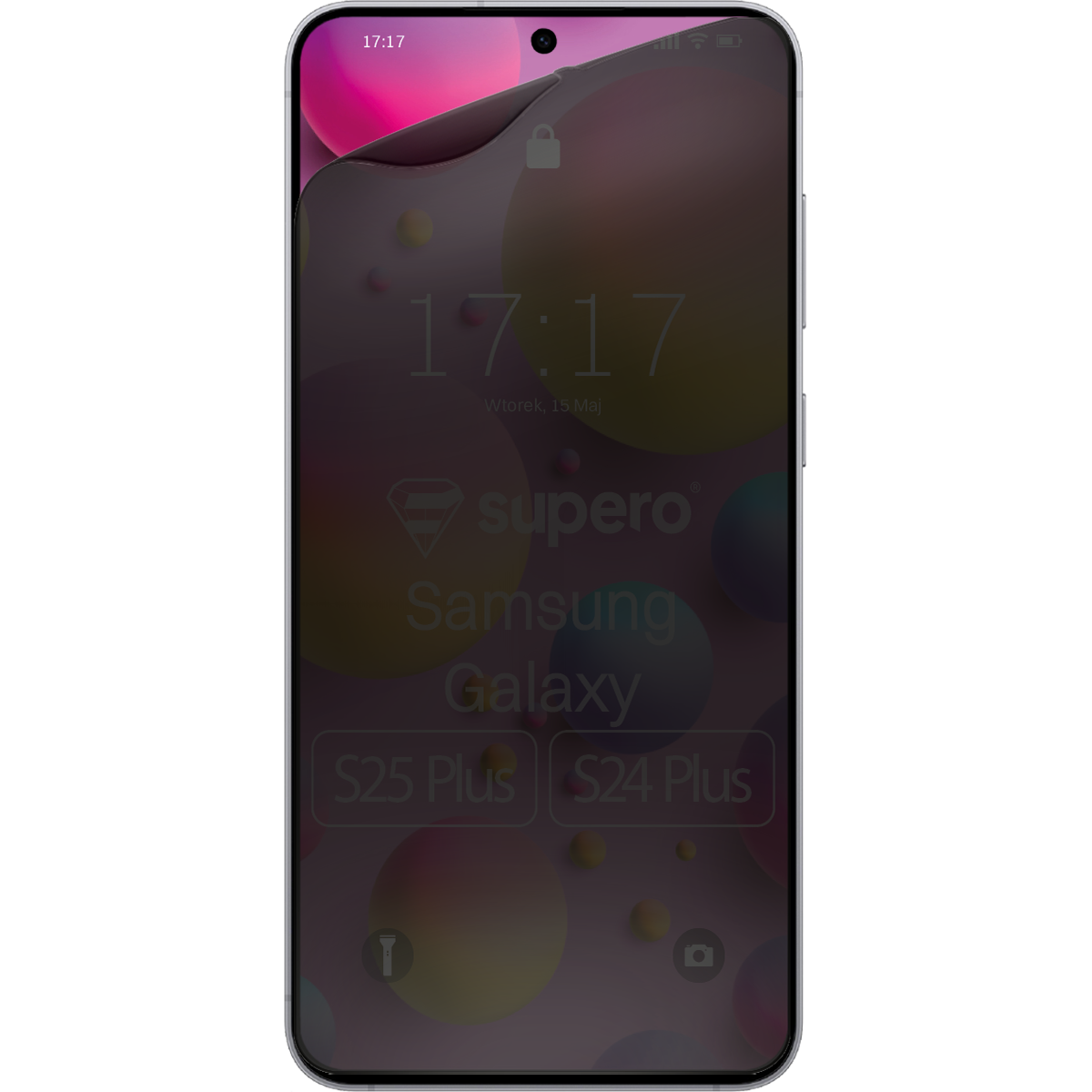 Smartfon z wyświetlaczem pokazującym godzinę 17:17 i datę Wtorek, 15 Maj. Na ekranie widoczne są napisy: \'supero\', \'Samsung Galaxy\', \'S25 Plus\', \'S24 Plus\'.