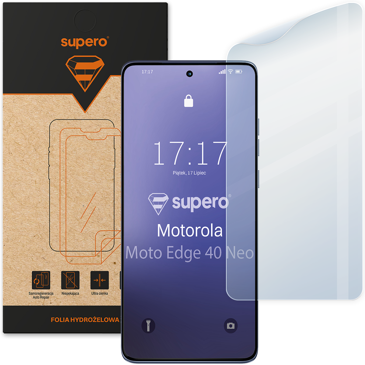 Na obrazie widoczna jest folia hydrożelowa Supero do telefonu Motorola Moto Edge 40 Neo oraz opakowanie z logo supero. Na ekranie telefonu wyświetla się godzina 17:17, piątek, 17 lipiec.