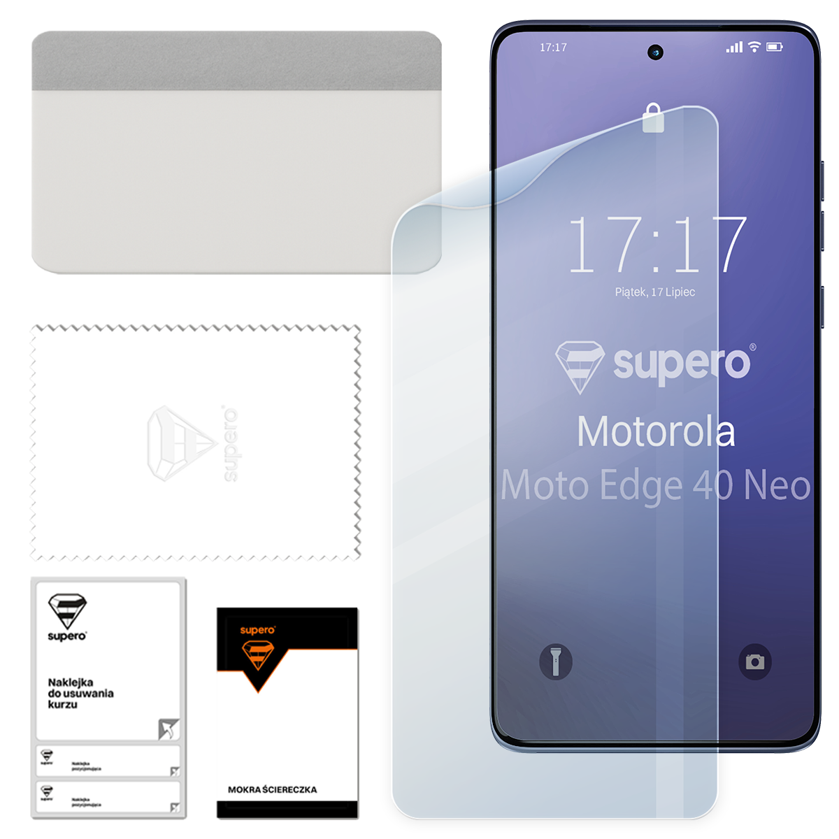 Na obrazie widoczna jest folia ochronna na ekran telefonu z napisem \'supero Realme 11 Pro 5G 11 Pro Plus 5G\'. Obok znajdują się akcesoria do aplikacji folii, w tym rakla, ściereczka i naklejka do usuwania kurzu.
