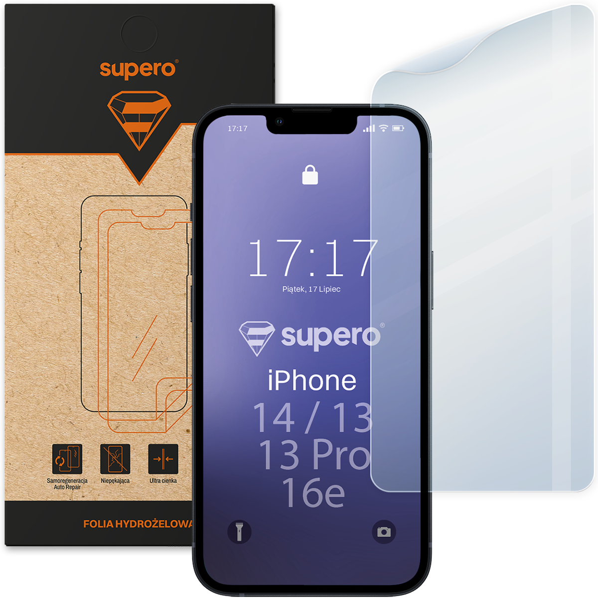 Na obrazie widoczna jest folia hydrożelowa Supero do iPhone 16e/14/13 Pro/13, obok której znajduje się opakowanie z logo supero. Na ekranie telefonu wyświetla się godzina 17:17 oraz data Piątek, 17 Lipiec.