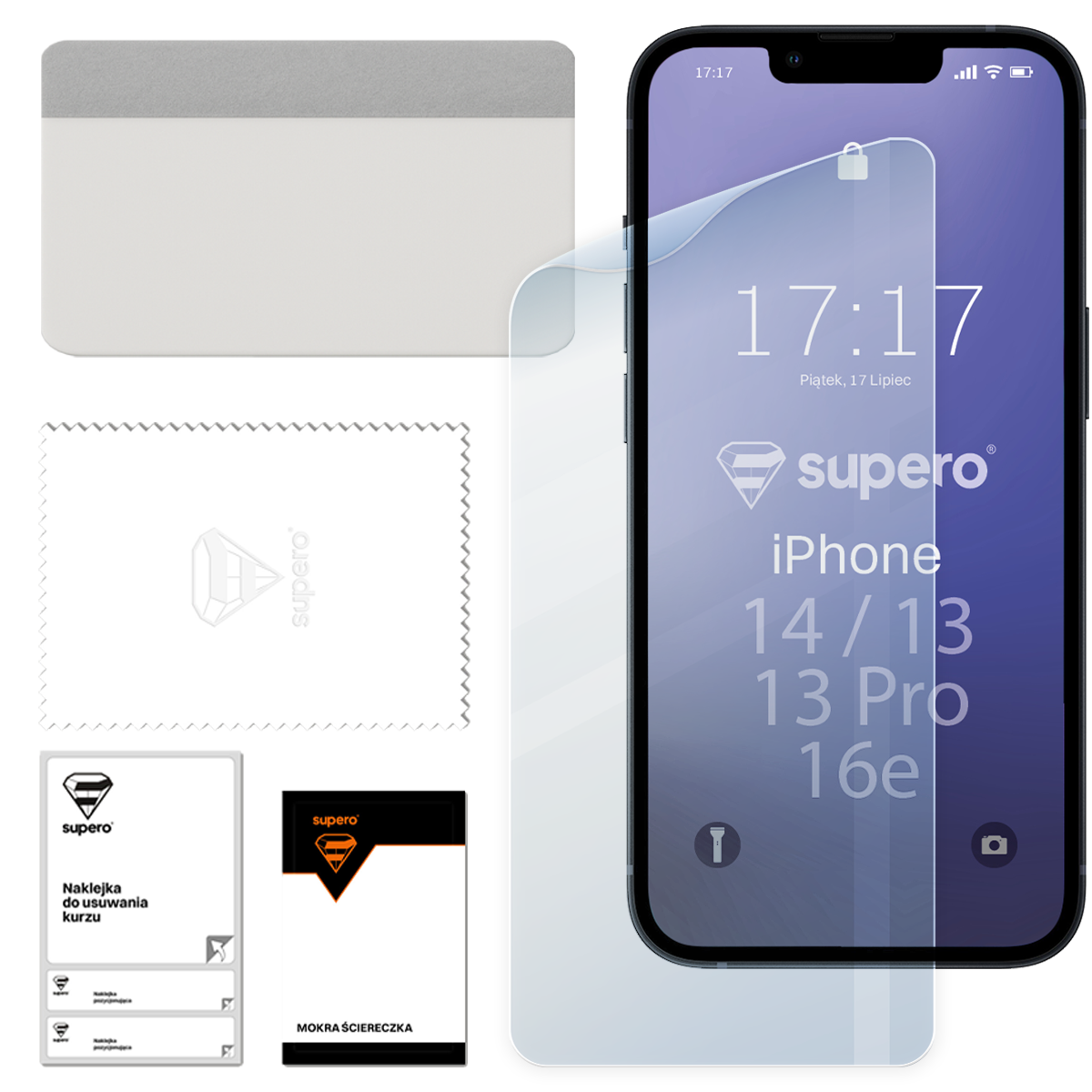 Na obrazie widoczna jest folia hydrożelowa Supero do iPhone 16e/14/13 Pro/13 oraz akcesoria do jej aplikacji, takie jak rakla, ściereczka i naklejka do usuwania kurzu. Na ekranie telefonu widoczny jest napis: \'17:17 Piątek, 17 Lipiec supero iPhone 14/13 13 Pro 16e\'.