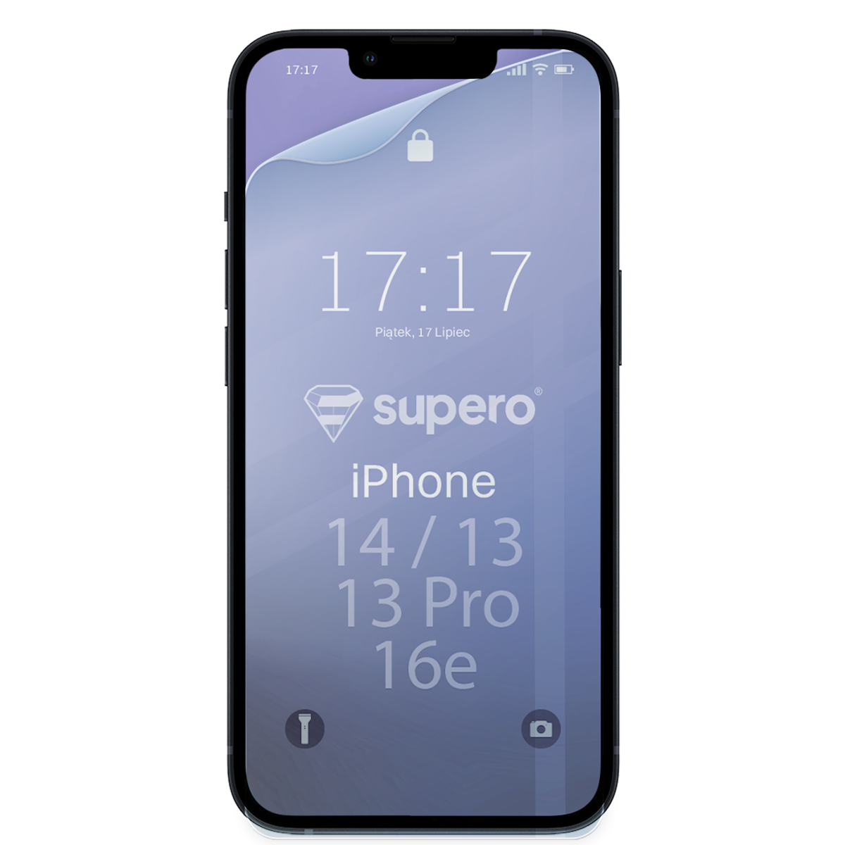 Na ekranie telefonu widoczna jest folia ochronna z logo \'supero\' oraz tekstem \'iPhone 14/13 13 Pro 16e\'. Ekran pokazuje godzinę 17:17 i datę Piątek, 17 Lipiec.