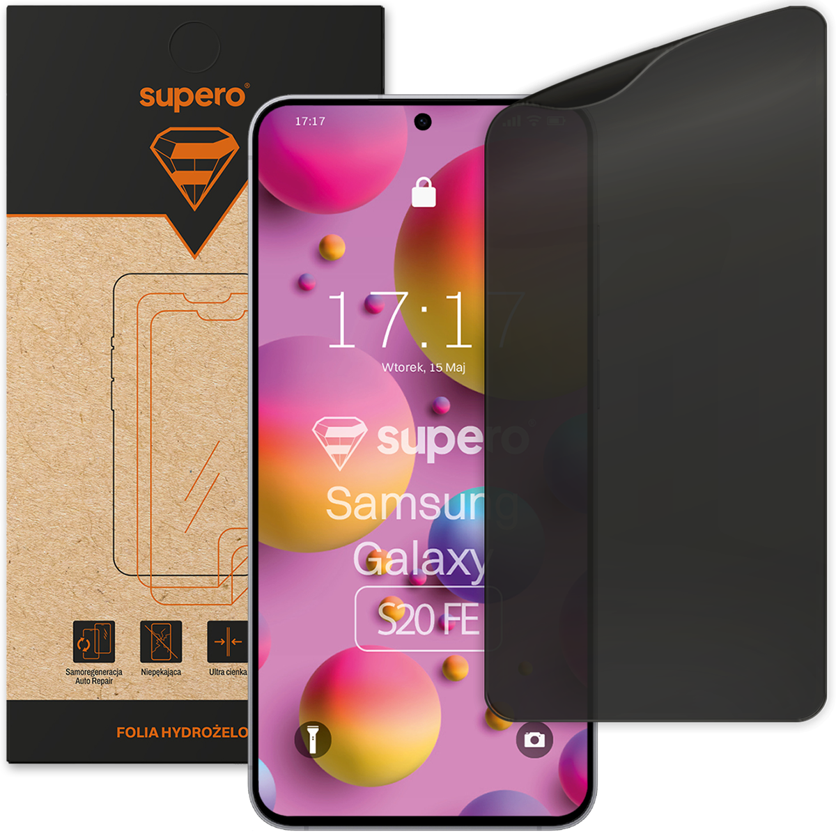 Na obrazie widoczna jest folia hydrożelowa na telefon Samsung Galaxy S20 FE z kolorowym tłem i ikonami na ekranie. Opakowanie z logo \'supero\' znajduje się obok, z napisem \'FOLIA HYDROŻELOWA\'.