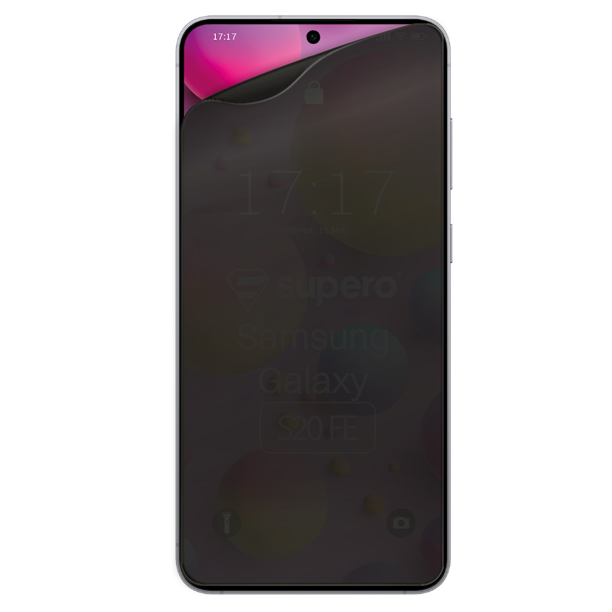 Smartfon z wyświetlaczem, na którym widoczna jest godzina 17:17 oraz data Wtorek, 15 Maj. Na ekranie znajduje się tekst: \'supero Samsung Galaxy S20 FE\'.