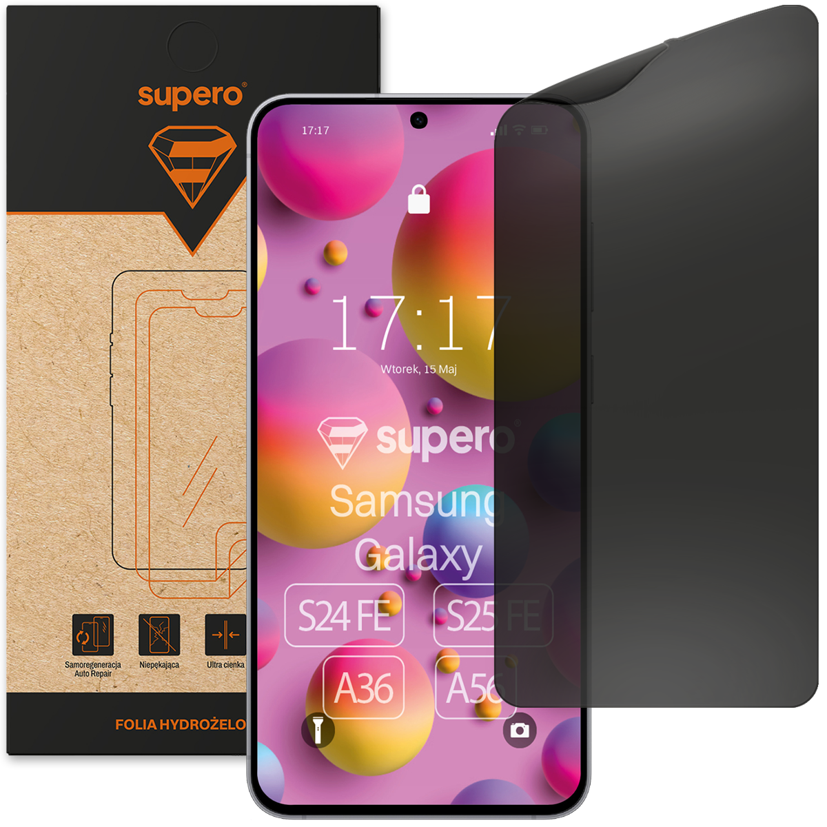 Na obrazie widoczny jest telefon z kolorowym ekranem, na którym wyświetlają się napisy: \'supero Samsung Galaxy S24 FE S25 FE A36 A56\'. Obok telefonu znajduje się opakowanie z napisem \'FOLIA HYDROŻELOWA\' oraz logo \'supero\'.