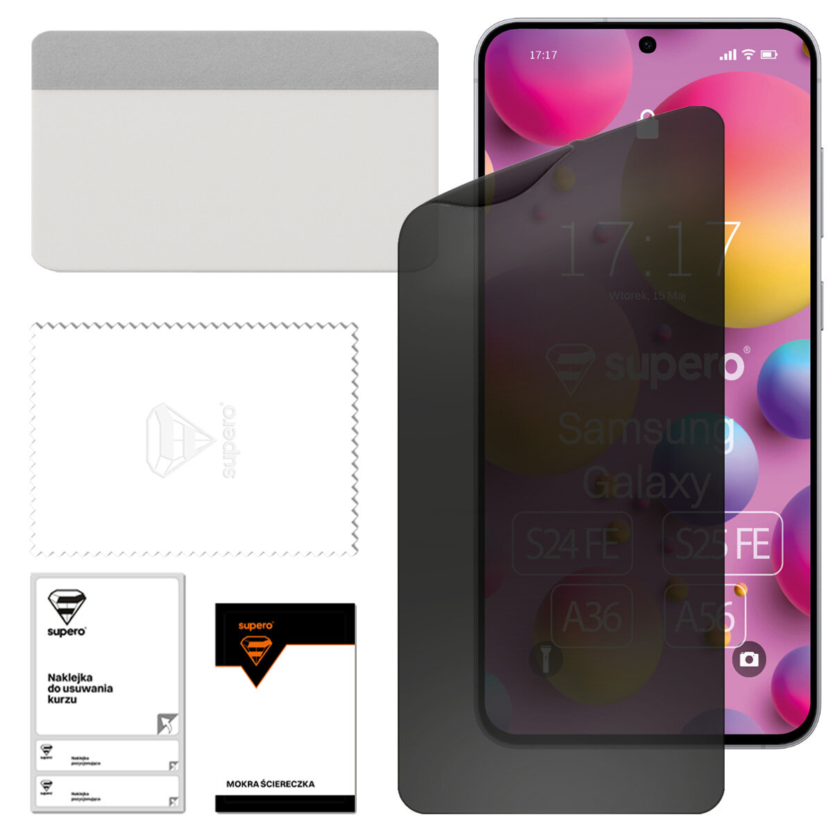 Na obrazie widoczna jest folia hydrożelowa prywatyzująca na telefon Samsung Galaxy z akcesoriami do montażu, takimi jak ściereczka i naklejka do usuwania kurzu. Na ekranie telefonu widnieje logo \'supero\' oraz modele S24 FE, S25 FE, A36, A56.