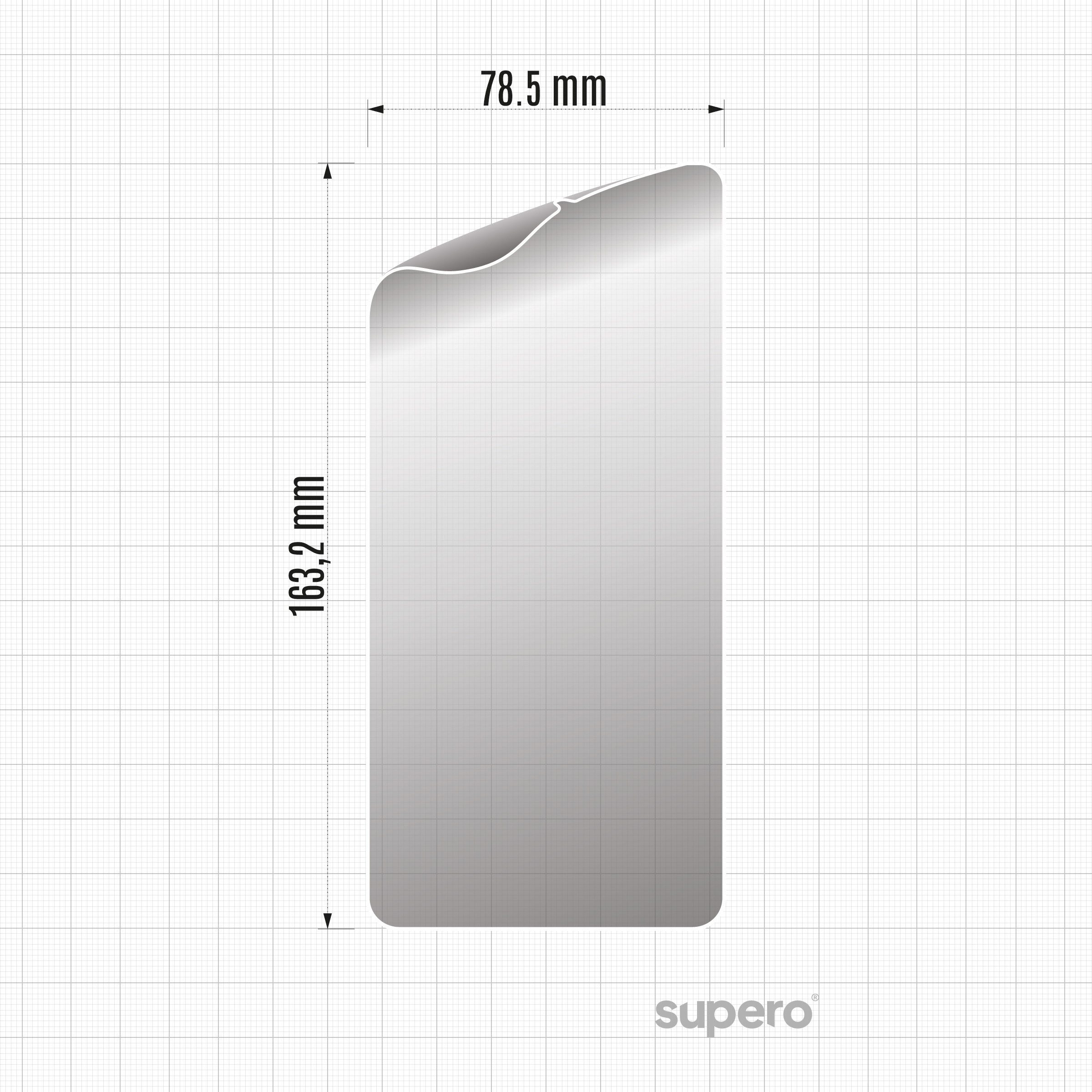 Obraz przedstawia folię hydrożelową o wymiarach 71,8 mm na 154,6 mm na tle siatki z logo \'supero\' w prawym dolnym rogu.