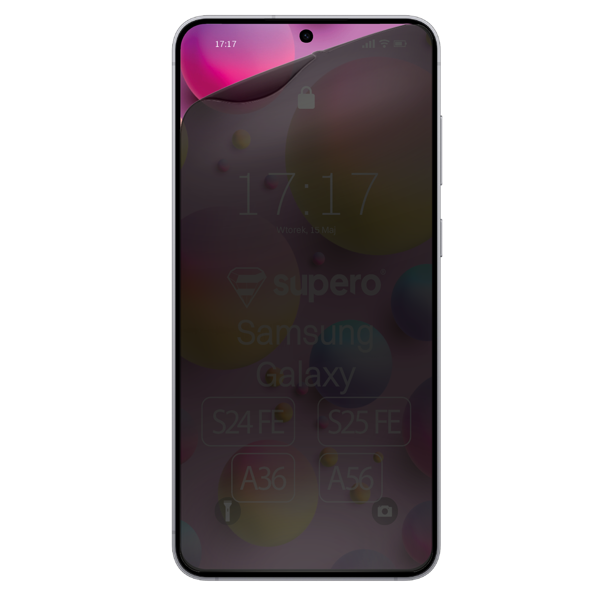 Smartfon z wyświetlaczem pokazującym godzinę 17:17 i datę Wtorek, 15 Maj. Na ekranie widoczny jest tekst: \'supero Samsung Galaxy S24 FE S25 FE A36 A56\'.