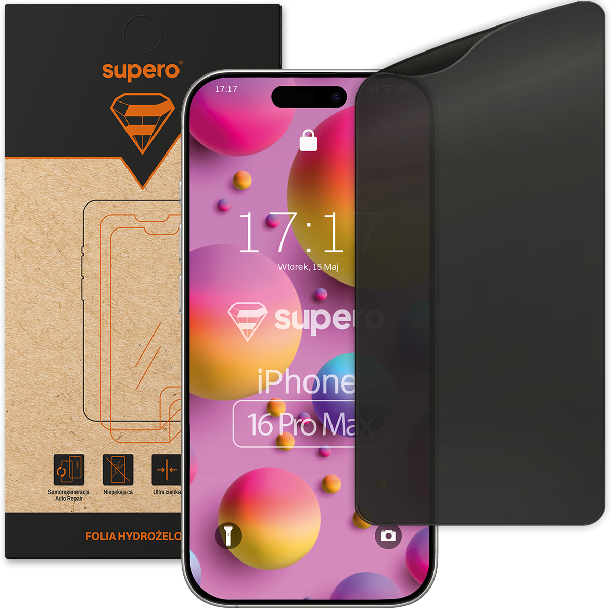 Na obrazie widoczny jest telefon z kolorowym ekranem, na którym wyświetlona jest godzina 17:17 oraz data Wtorek, 15 Maj. Obok telefonu znajduje się opakowanie z logo \'supero\' i napisem \'FOLIA HYDROŻELOWA\'.