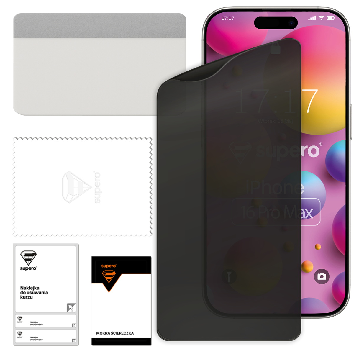 Na obrazie widoczny jest telefon z kolorowym ekranem, na którym znajduje się ciemna folia ochronna. Obok telefonu leżą akcesoria do aplikacji folii, w tym ściereczka z logo \'supero\' i naklejka do usuwania kurzu.