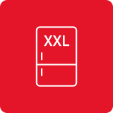 Czerwony kwadrat z białą ikoną lodówki i napisem \'XXL\'.