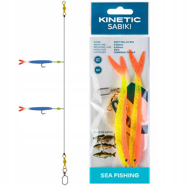 Obraz przedstawia zestaw przynęt w opakowaniu z napisem \'KINETIC SABIKI\' oraz \'SEA FISHING\'. Obok opakowania widoczna jest ilustracja zestawu z dwoma przynętami w kolorze niebieskim i żółtym z haczykami.