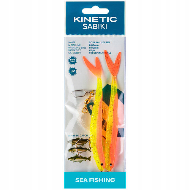 Opakowanie z przynętami gumowymi w kolorach pomarańczowym i żółtym, z napisem \'KINETIC SABIKI\' na górze. Widoczny jest również tekst \'SOFT TAIL UV RIG 0.80mm #8/0 TERMINAL TACKLE\' oraz ilustracja ryb z napisem \'WHAT TO CATCH\'.