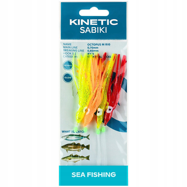 Opakowanie z przynętami gumowymi w kolorach żółtym, pomarańczowym i czerwonym, z napisem \'KINETIC SABIKI\' na górze. Widoczny tekst: \'NAME OCTOPUS M RIG, MAIN LINE 0,70mm, BREAKING LINE 0,60mm, HOOK SIZE #3/0, CATEGORY TERMINAL TACKLE, OCTOPUS, GLOW, WHAT TO CATCH!\' oraz ilustracje ryb.