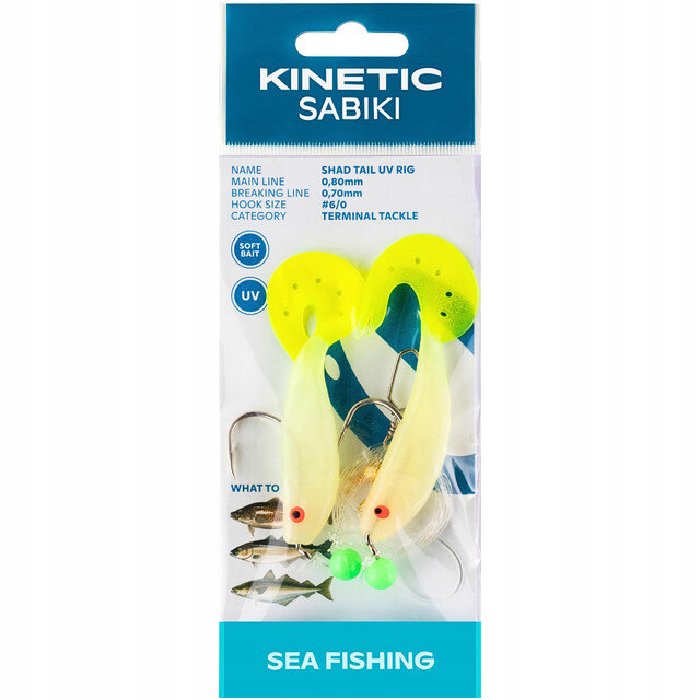 Opakowanie z przynętami gumowymi do połowu ryb, z widocznymi dwoma żółtymi przynętami i haczykami. Na opakowaniu znajduje się tekst: \'KINETIC SABIKI\', \'SHAD TAIL UV RIG\', \'0,80mm\', \'0,70mm\', \'#6/0\', \'TERMINAL TACKLE\', \'SOFT BAIT\', \'UV\', \'SEA FISHING\'.