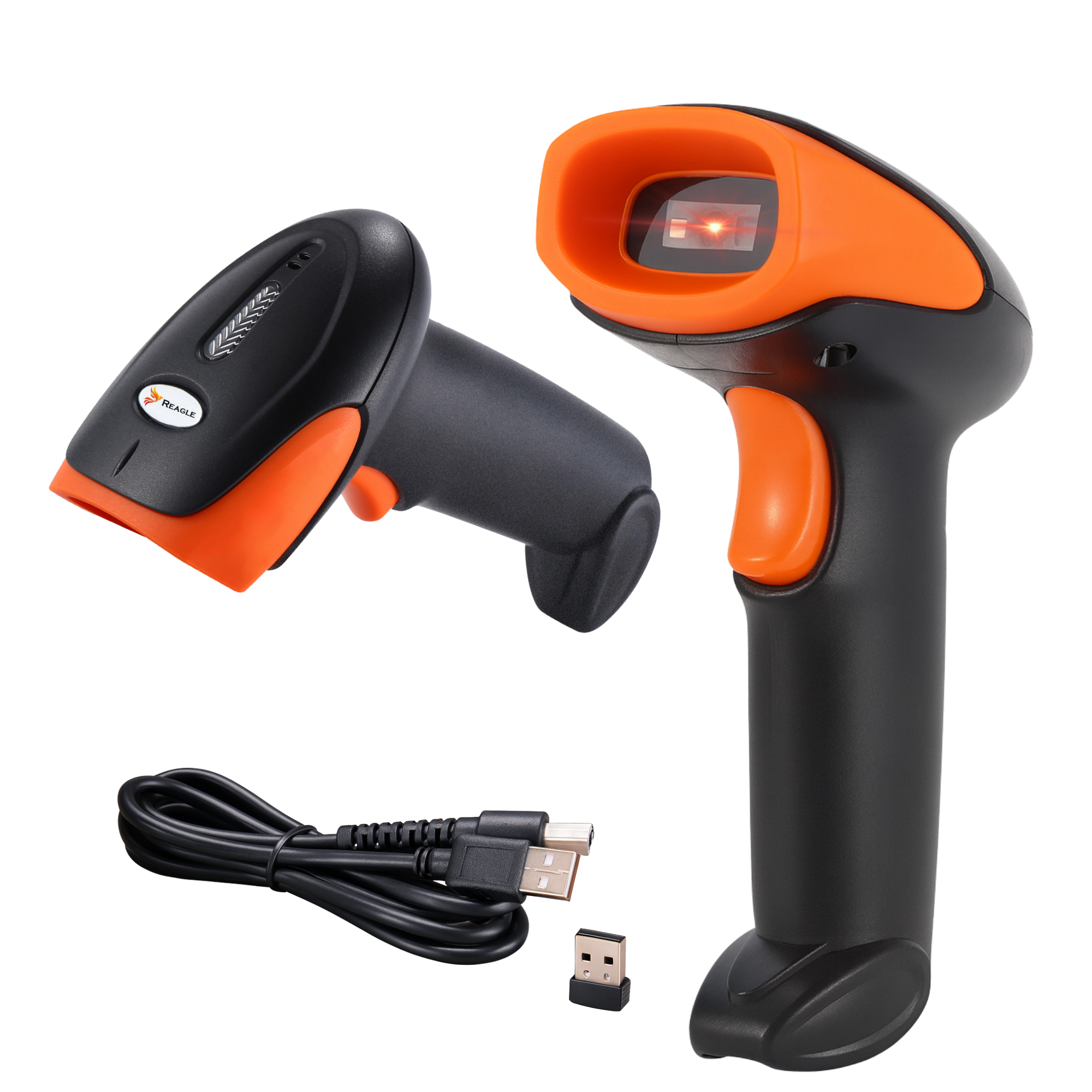 Na obrazie widoczny jest bezprzewodowy skaner kodów kreskowych w kolorze czarno-pomarańczowym z logo \'Eyoyo\'. Obok skanera znajduje się kabel USB oraz mały adapter USB.