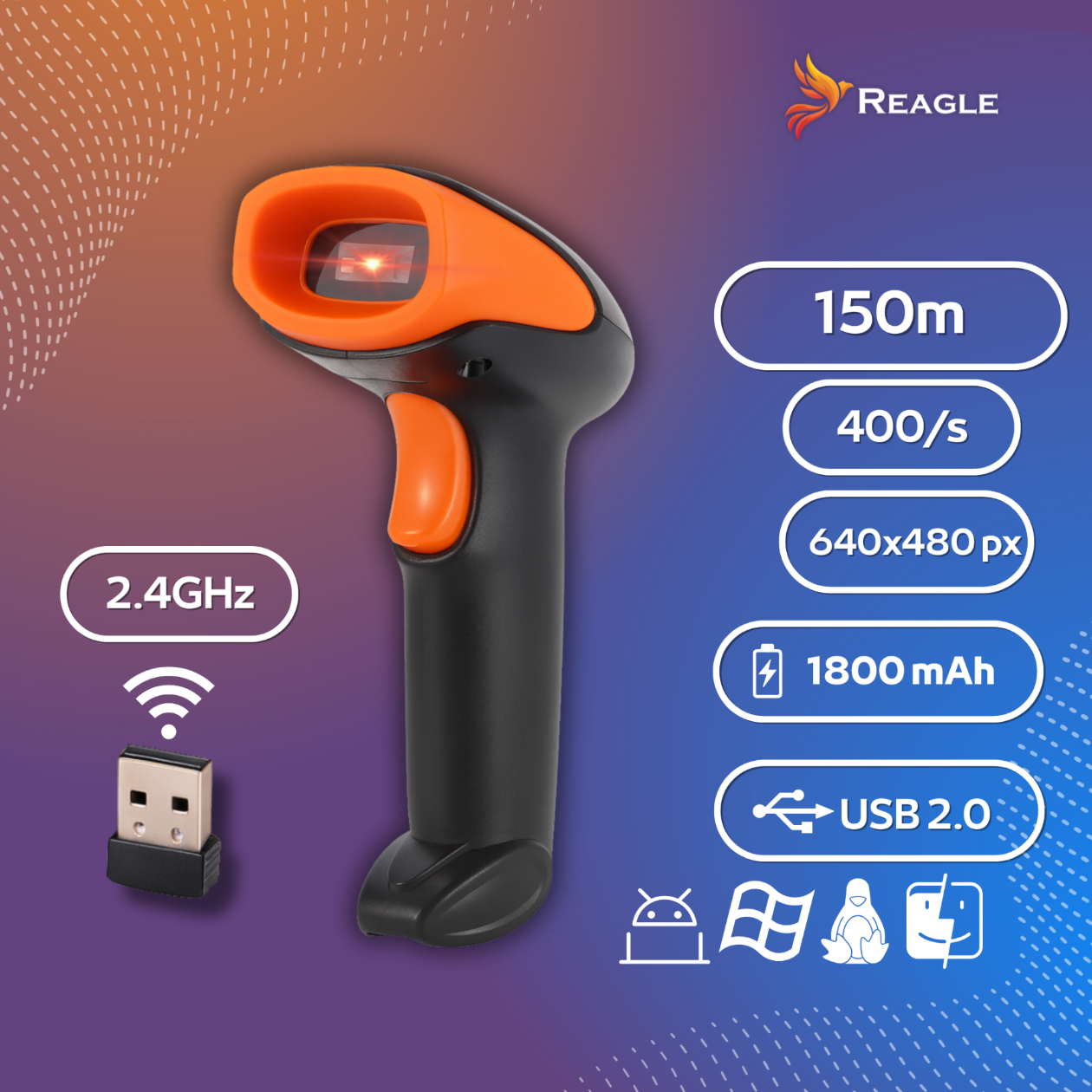 Obraz przedstawia bezprzewodowy skaner kodów kreskowych z pomarańczowymi i czarnymi elementami oraz mały adapter USB. Widoczne są parametry: 150m, 400/s, 640x480 px, 1800 mAh, USB 2.0, 2.4GHz oraz logo Reagle.