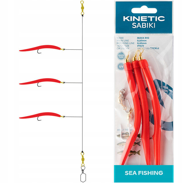 Obraz przedstawia zestaw przynęt wędkarskich z trzema czerwonymi gumowymi elementami i haczykami. Obok znajduje się opakowanie z napisem \'KINETIC SABIKI\' oraz \'SEA FISHING\'.