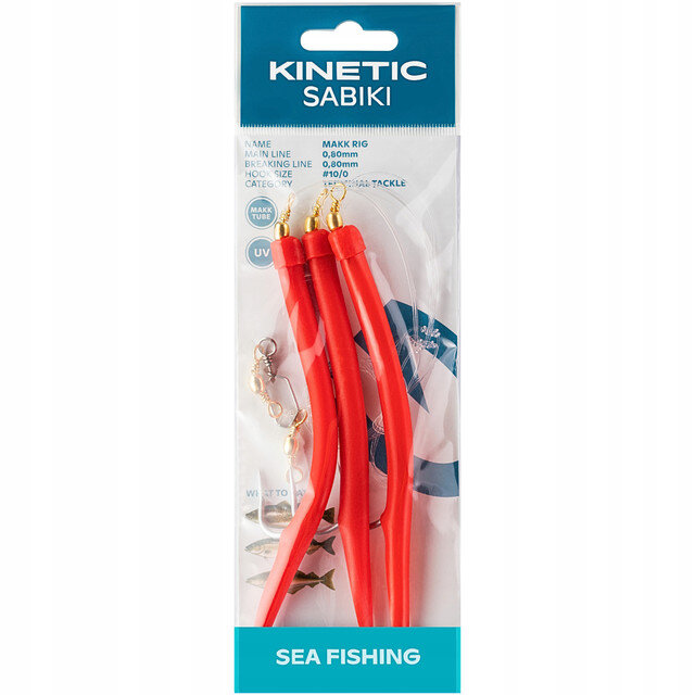 Opakowanie z napisem \'KINETIC SABIKI\' zawiera czerwone przynęty wędkarskie z haczykami. Na dole opakowania widnieje napis \'SEA FISHING\'.