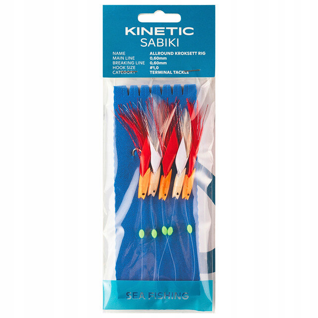 Opakowanie z przynętami wędkarskimi z napisem \'KINETIC SABIKI\'. Widoczne są kolorowe przynęty z piórami oraz informacje: \'NAME: ALLROUND KROKSETT RIG\', \'MAIN LINE: 0,60mm\', \'BREAKING LINE: 0,60mm\', \'HOOK SIZE: #1/0\', \'CATEGORY: TERMINAL TACKLE\'.
