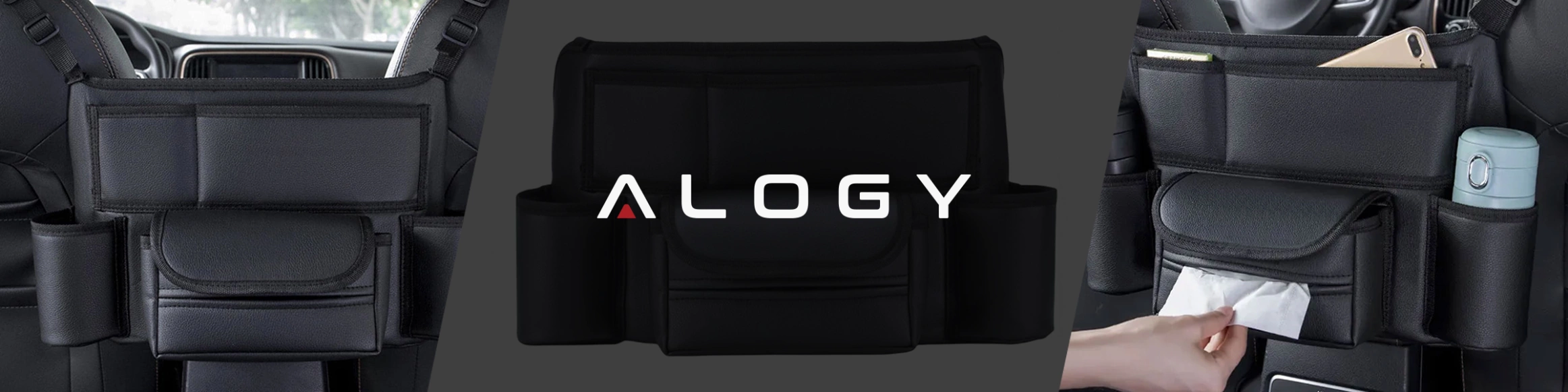 Czarny organizer samochodowy zamontowany między fotelami, z kilkoma kieszeniami na drobne przedmioty. Na środku widoczne jest logo \'ALOGY\'.