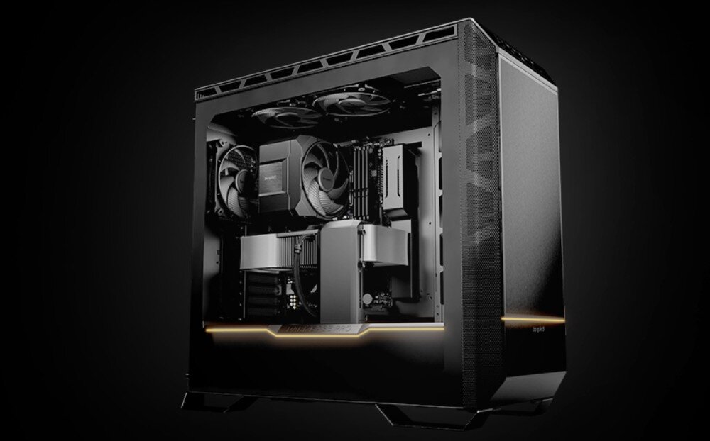 Chłodzenie CPU BE QUIET! Dark Rock 6 Wnętrze czarnej obudowy komputerowej z podświetlanym paskiem w dolnej części i zamontowanymi komponentami w środku, przeznaczenie, kompatybilność, TDP