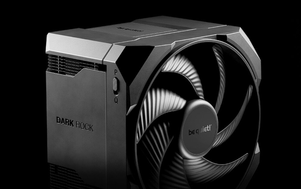 Chłodzenie CPU BE QUIET! Dark Rock 6 Zbliżenie na górną matową część obudowy chłodzenia z widocznym przełącznikiem z oznaczeniami P i Q oraz fragmentem wentylatora, tryby działania, kontrola obrotów