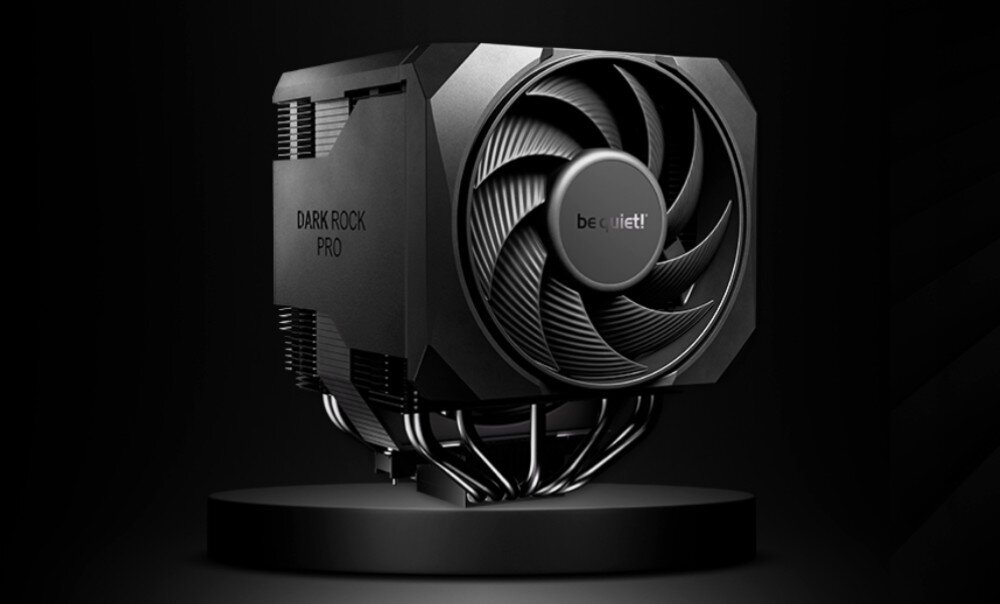 Chłodzenie CPU BE QUIET! Dark Rock Pro 6 Czarny cooler procesora o masywnej budowie z dużym wentylatorem z przodu umieszczony na okrągłej podstawce na ciemnym tle, opis