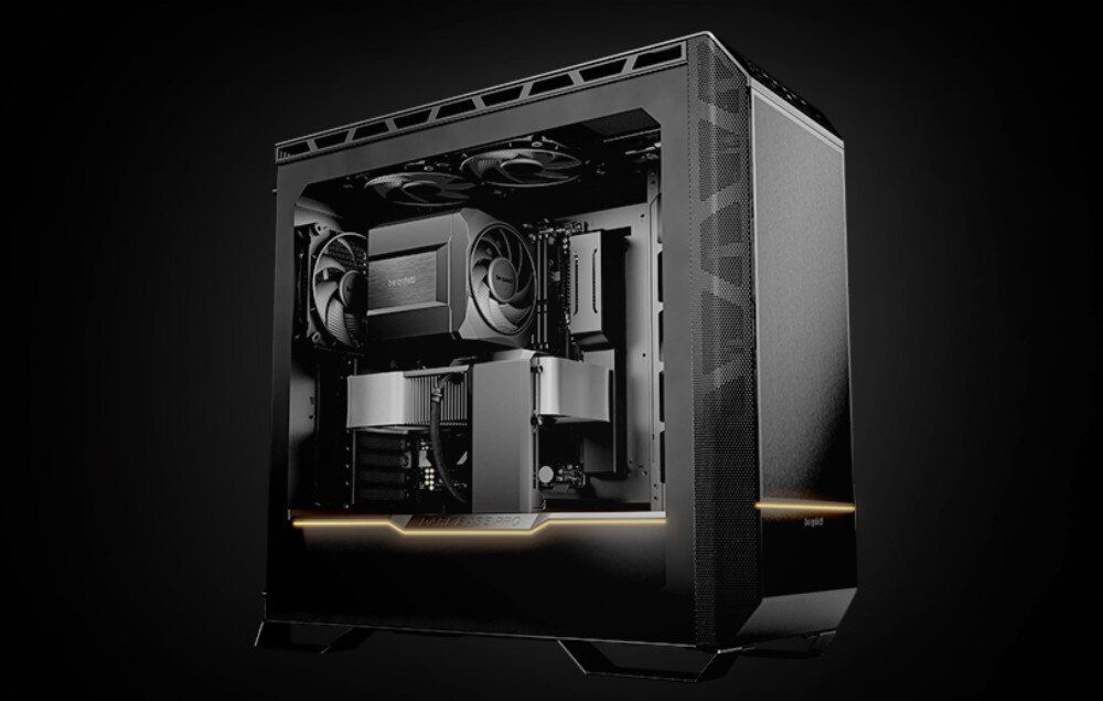 Chłodzenie CPU BE QUIET! Dark Rock Pro 6 Wnętrze czarnej obudowy komputerowej z zamontowaną płytą główną, kartą graficzną oraz dużym coolerem procesora z logo marki, przeznaczenie, wydajność, TDP