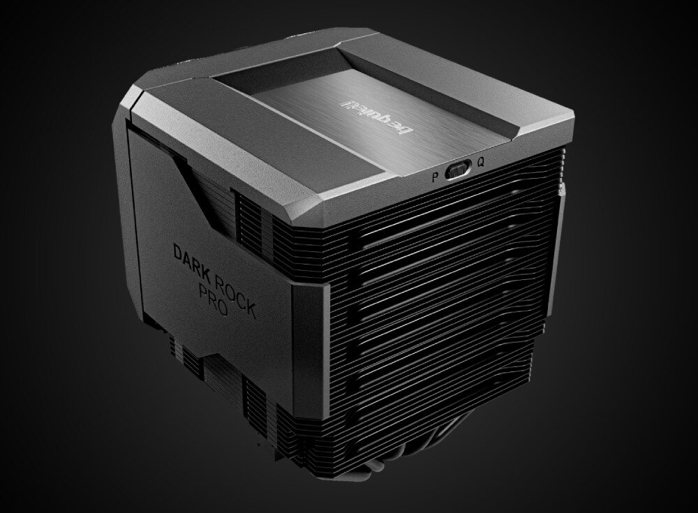 Chłodzenie CPU BE QUIET! Dark Rock Pro 6 Masywny czarny radiator chłodzenia procesora widziany z góry z widocznym przełącznikiem z oznaczeniami P oraz Q, tryby pracy, sterowanie PWM