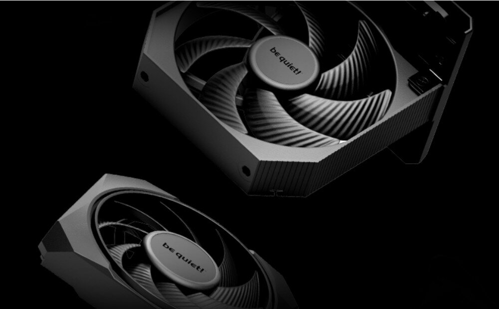 Chłodzenie CPU BE QUIET! Dark Rock Pro 6 Dwa czarne wentylatory komputerowe o zakrzywionych łopatkach z logotypami marki na środku pokazane z profilu, wentylatory, silniki, obroty