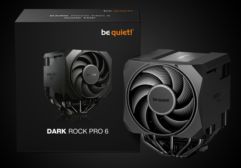 Chłodzenie CPU BE QUIET! Dark Rock Pro 6 Czarny cooler procesora postawiony obok swojego oryginalnego ciemnego opakowania kartonowego z napisami, montaż, konstrukcja, regulacja wysokości