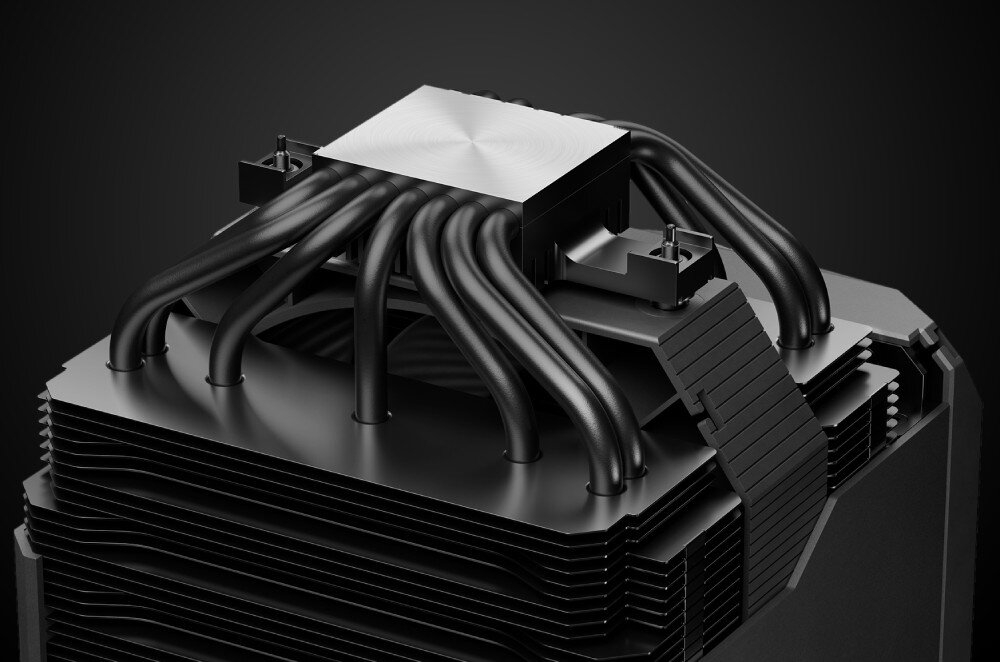 Chłodzenie CPU BE QUIET! Dark Rock Pro 6 Spód coolera komputerowego z gładką metalową podstawą i wychodzącymi z niej miedzianymi rurkami cieplnymi w czarnym kolorze, kompatybilność, podstawki, zgodność