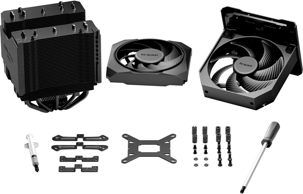 Chłodzenie CPU BE QUIET! Dark Rock Pro 6 Zestaw elementów chłodzenia procesora zawierający rozłożony radiator, dwa wentylatory, elementy montażowe, pastę oraz śrubokręt, komplet