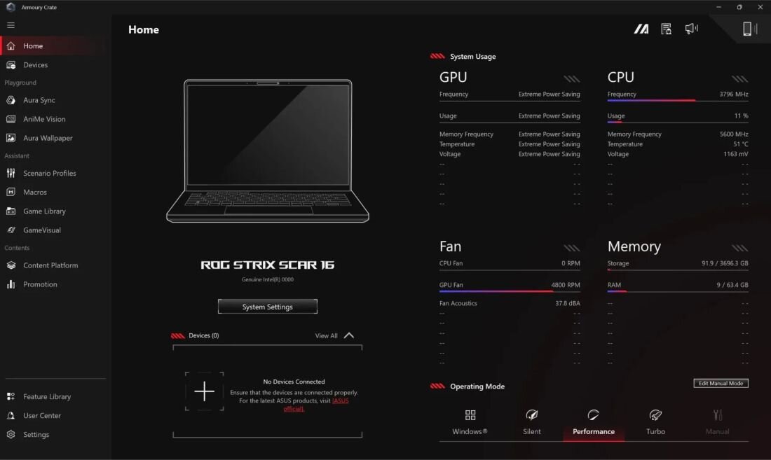Interfejs oprogramowania z wizualizacją laptopa i informacjami o systemie. Widoczne są dane dotyczące użycia GPU, CPU, wentylatorów i pamięci, a także logo ROG STRIX SCAR 16.