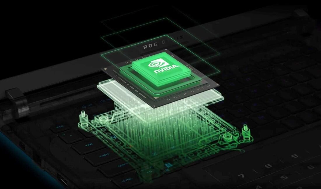 Obraz przedstawia wizualizację technologii NVIDIA na tle klawiatury laptopa z napisem \'ROG\'.